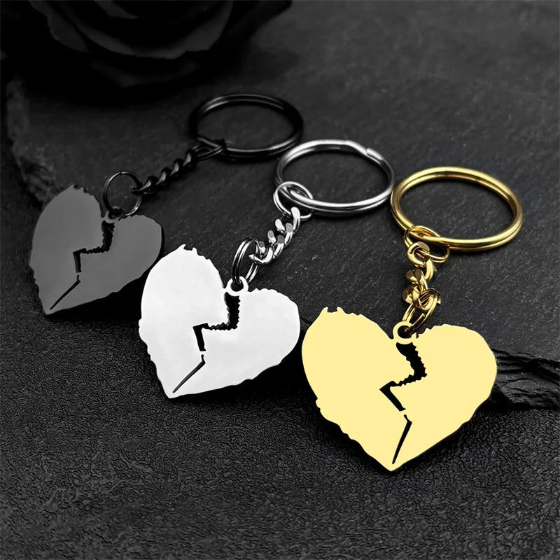 Gothic Punk Broken Heart Key Chain for Women Men Stainless Steel Black Gold Silver Color Hip Hop Music Bag Pendant Jewelry K3432