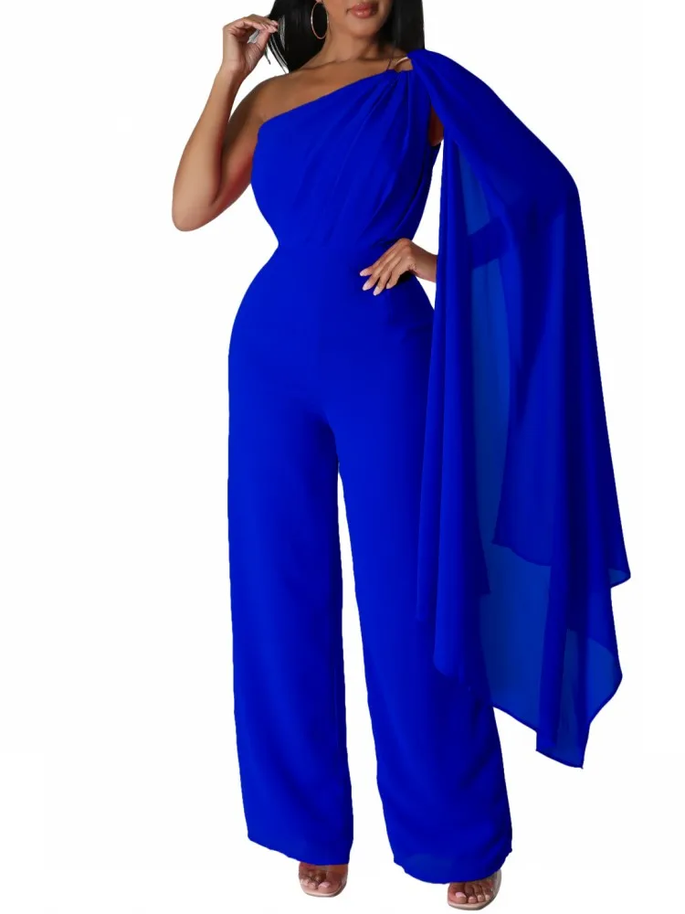 

Evening Party Fashion Jumpsuit Women Solid Color OL Sexy One Shoulder African Wear One Pieces Outfits Romper Straight Overalls