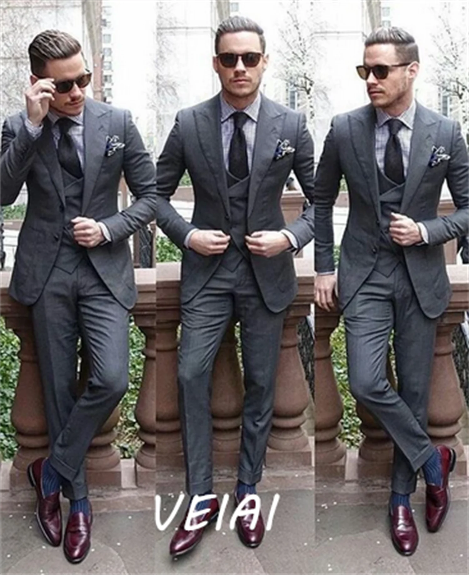 

Custom Made Groomsmen Dark Grey Groom Tuxedos Peak Lapel Men Suits Wedding Best Man Blazer ( Jacket+Pants+Vest +Tie)