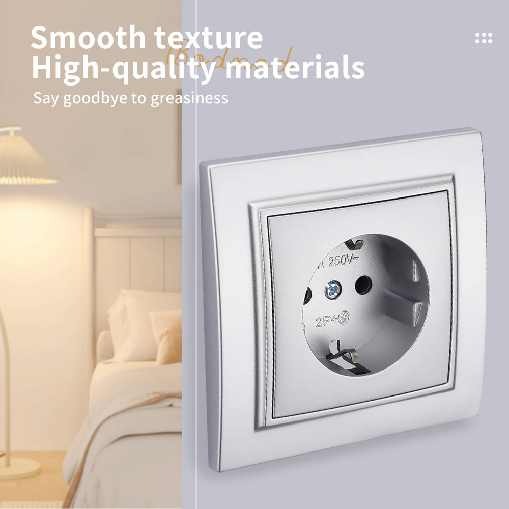 WESA Silvery Socket Plug Power Socket EU Electrical Outlett With Ground Flame Retardant Spray Paint Plastic Wall Embed Electrical Socket Power Socket