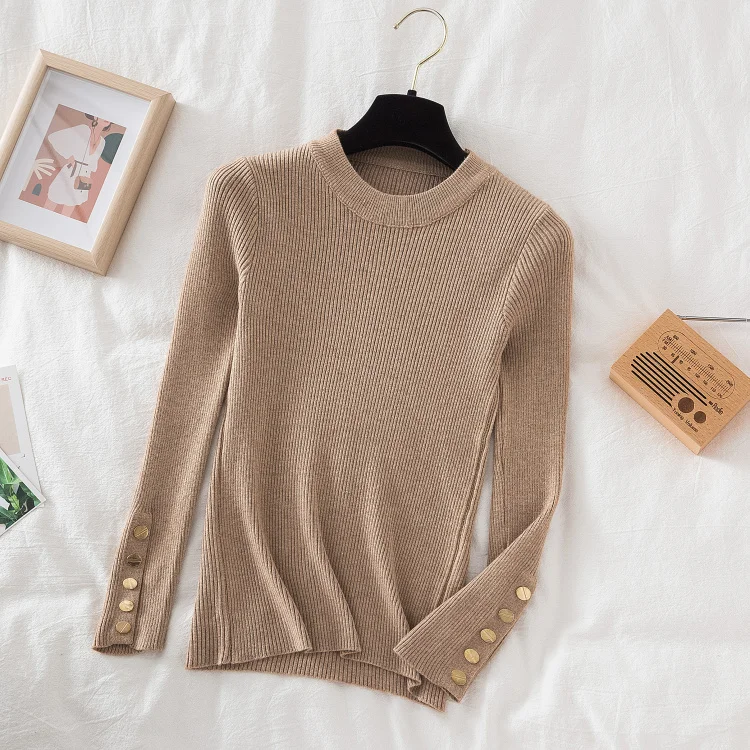 2022 Women Thick Sweater Pullovers Khaki Casual Autumn Winter Button O-neck Chic Sweater Female Slim Knit Top Soft Jumper Tops cable knit sweater