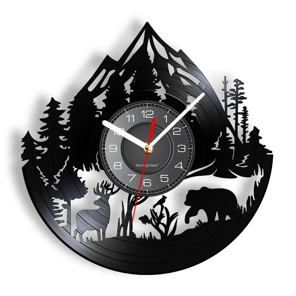 

Wildlife & Forest Vinyl Record Wall Clock Mountain National Park Deer Clock Watch Bear Wall Art Home Decor for Nature Lovers