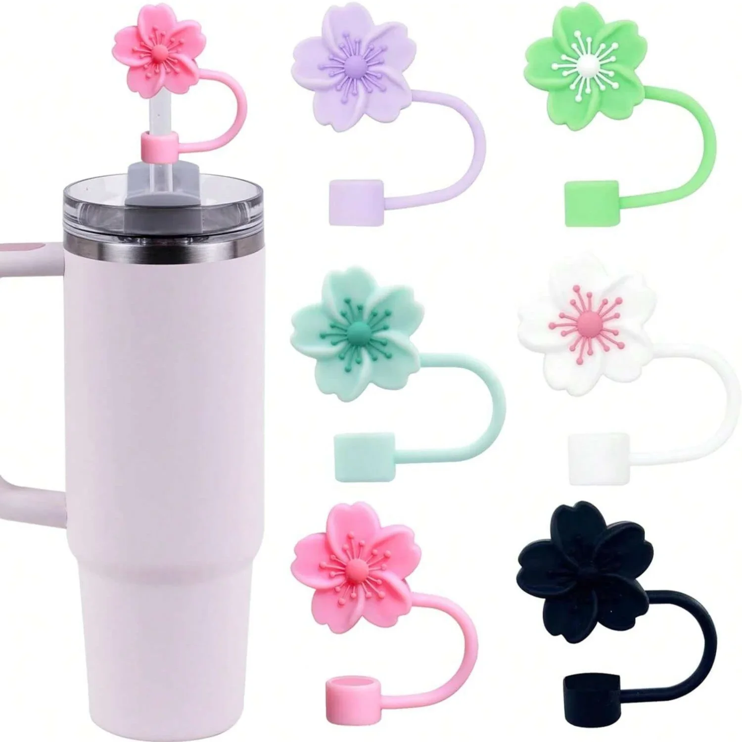 Straw Covers Begonia Flower for Stanley Cup 10mm Silicone Reusable Dust-Proof Topper for Party