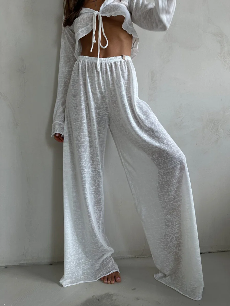 Conjunto informal de dos piezas para mujer, con cuello en V, manga larga con cordones y pantalones de cintura alta.