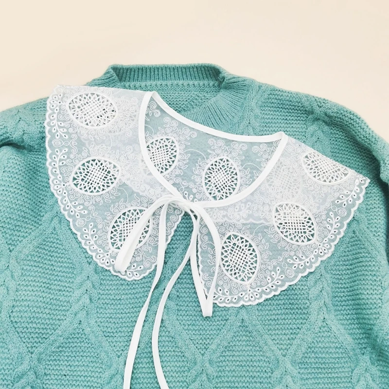 

Women Symmetrical Scalloped Trim False Collar Shawl Sweet Hollow Out Embroidery Floral Leaves Necklace Scarf Lace-Up Bowknot