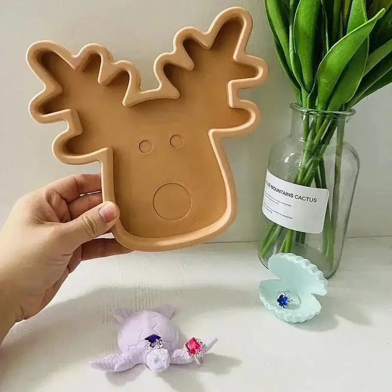 Christmas Series Style Handmade Creative Shape Elk Tray Silicone Mold Cute Deer Head Storage Tray Cement Mold Home Decorative