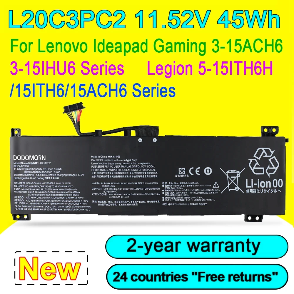 Bateria do Portátil para Lenovo Ideapad Gaming Novo L20m3pc2 L20c3pc2 15ach6 Série 82k1 315ihu6 82k2 L20l3pc2 L20d3pc2
