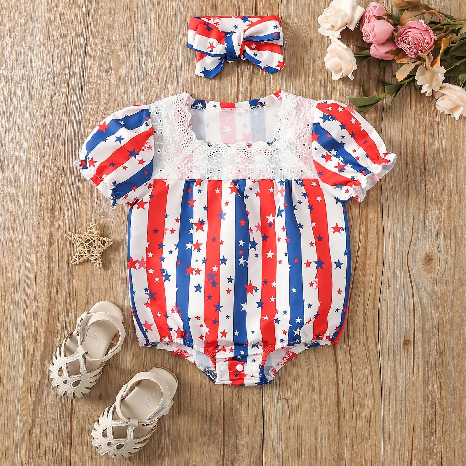 

Toddler Baby Girls Bodysuits 4th Of July Strap Star Sleeveless Lace Rompers Independence Day Jumpsuit 0-18 Months Girl Bodysuit