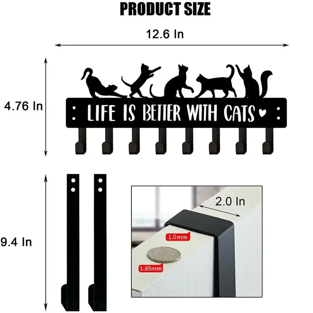 Black Cat Over The Door Hooks Hanger, 8 Hooks Decor Towel Coat Rack Organizer coat rack wall mount towel rack Iron Art 2