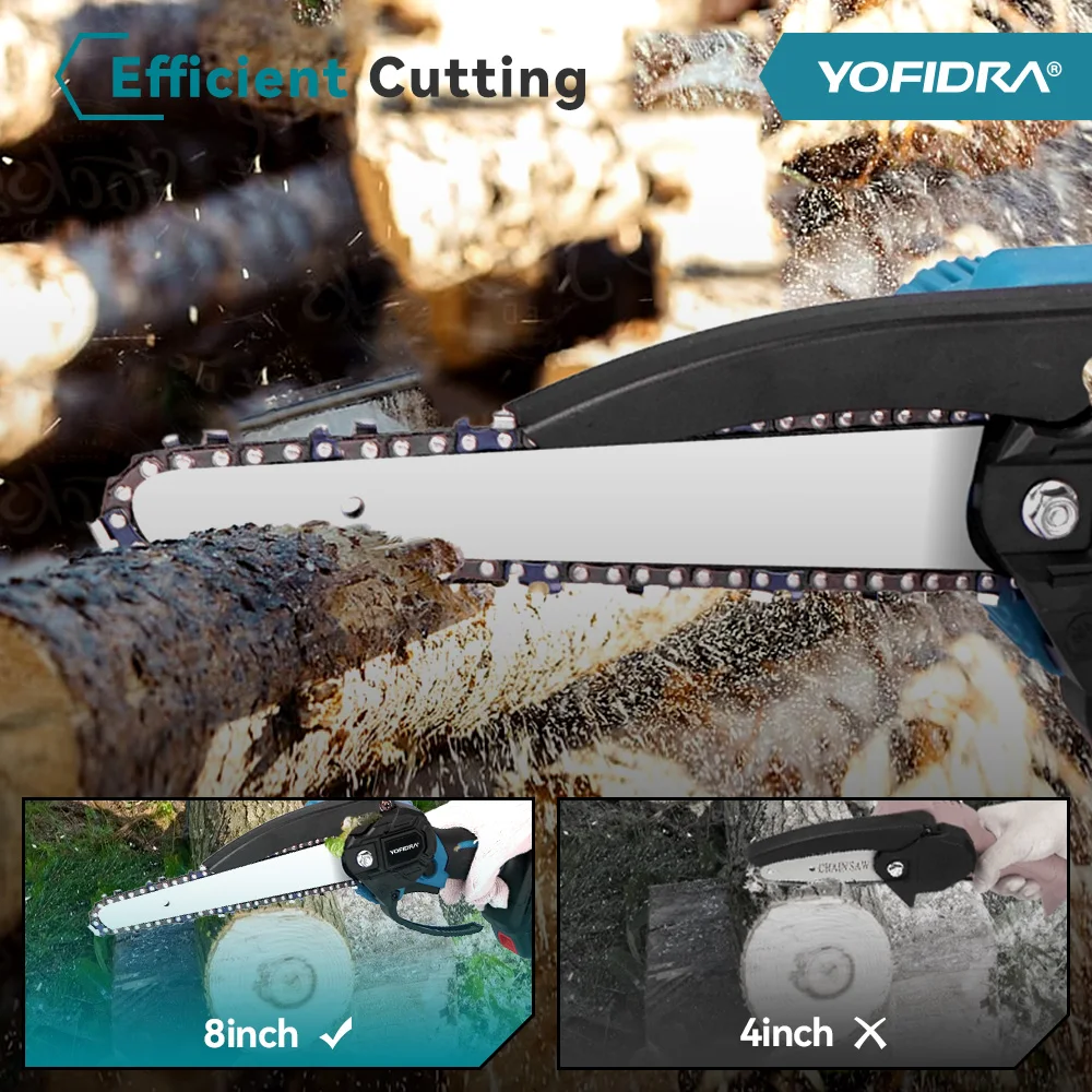 YOFIDRA 3000W 8Inch Brushless ChainSaw Handheld Cordless Pruning Cutting Chain Saw WoodWooking Power Tool For Makita Battery Pin — view 4