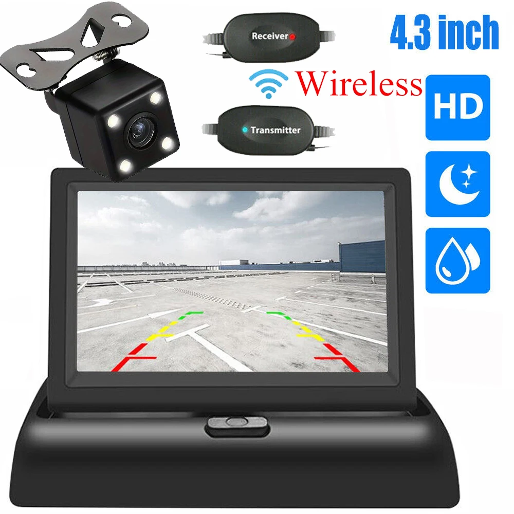 

Wireless Foldable Car Monitor 4.3-inch TFT LCD HD Parking Monitor Night Vision With Reverse Camera for Car MPV RV SUV Parking