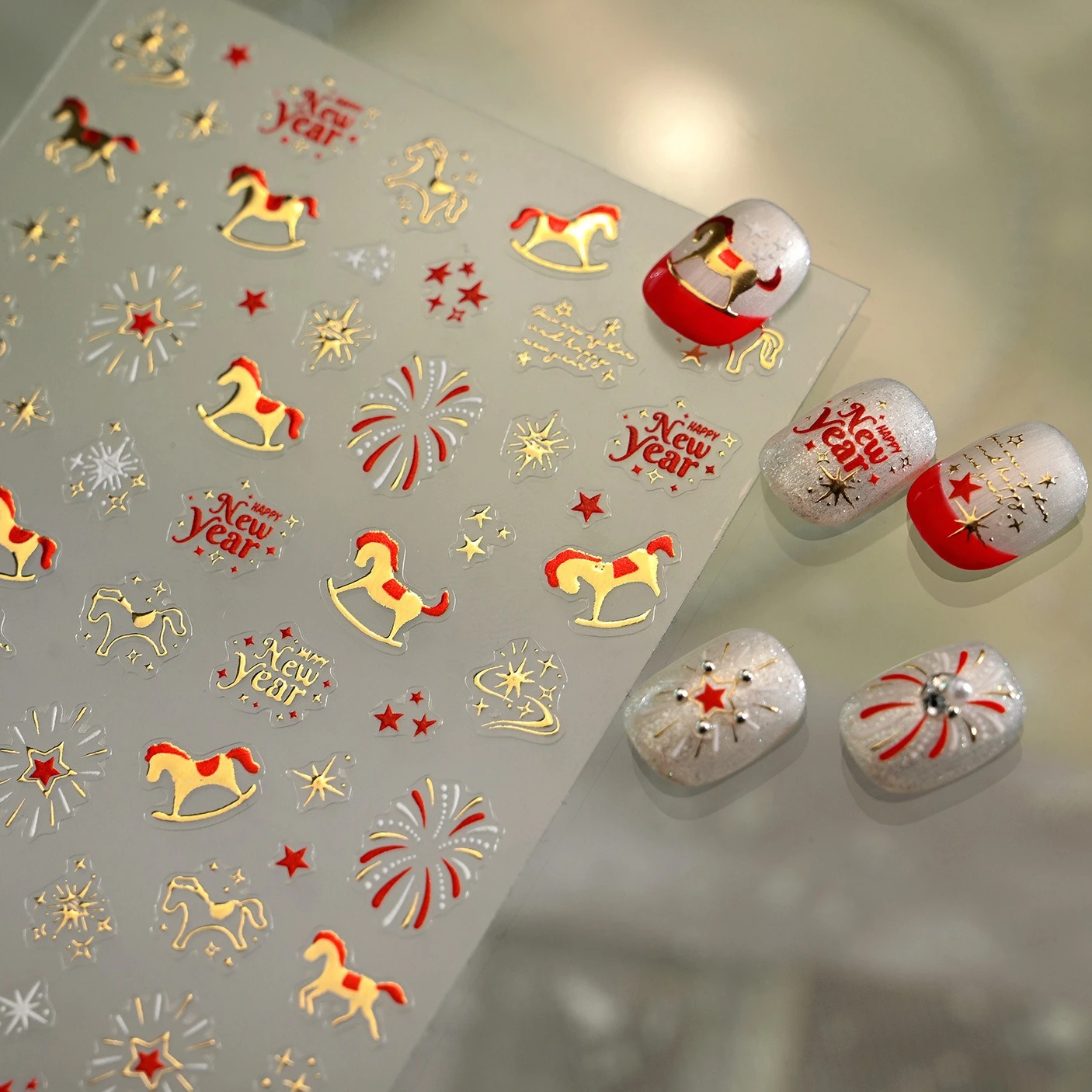 황금 말 불꽃놀이 별 중국 설날 유니콘 별자리 조랑말 하트 달 리본 꽃 네일 아트 스티커 휴대폰 데칼