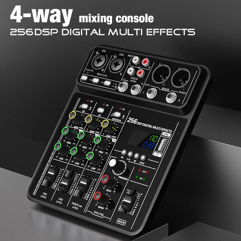 Audio Mixer 4 Channel Audio Mixer 48V Phantom Power USB Studio Sound Mixers Bluetooth DJ Console Mixing for Karaok