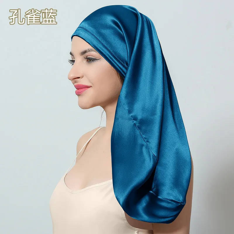 Birdtree 60cm 6A 100%Real Silk Bonnet Women Elastic Wide Edge Long Hair Hat Sleeping Hats Silk Wrap Night Hair Care Cap A41104QC 4