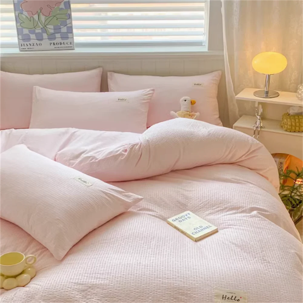 Waffle Washed Cotton Four Piece Set, Non All Cotton Bedding, Pure Cotton Bedding, Student Dormitory Bed Sheets Duvet Cover Set