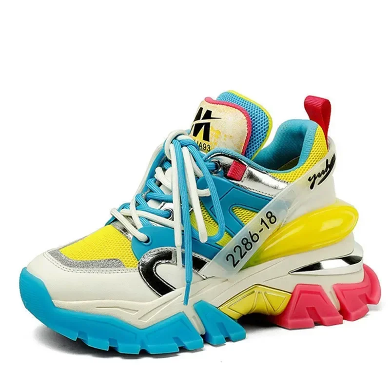 

8cm Microfiber Mixd Color Women Dad Shoes Fashion Designers Shoes Women Sneakers High Platform Chunky Heel Women Tennis Shoes