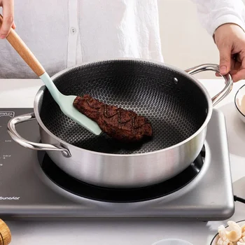 Padella in acciaio inossidabile 410 per uso alimentare Design antiaderente a nido d'ape Doppie orecchie Fornello a gas a induzione Utensili da cucina sicuri 1
