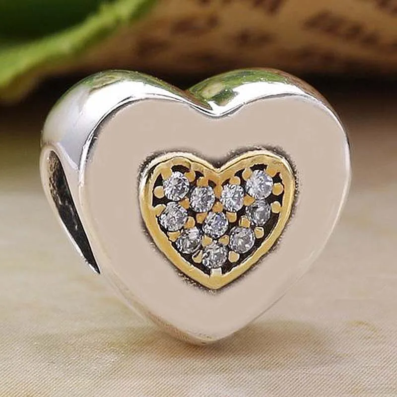 

Original Gold Two-Tone Signature Heart With Crystal Charm Fit 925 Sterling Silver Bead Charm Bracelet DIY Jewelry