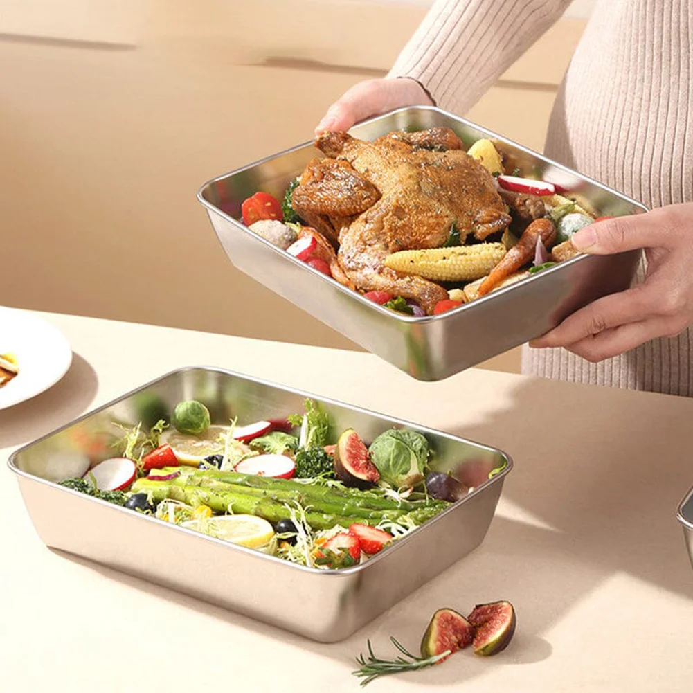 Food Storage Pan Thickened Square Plate Stainless Steel Rectangular Food Storage Pan With Lid Commercial Dish Tray Freshing Lunch Box Container