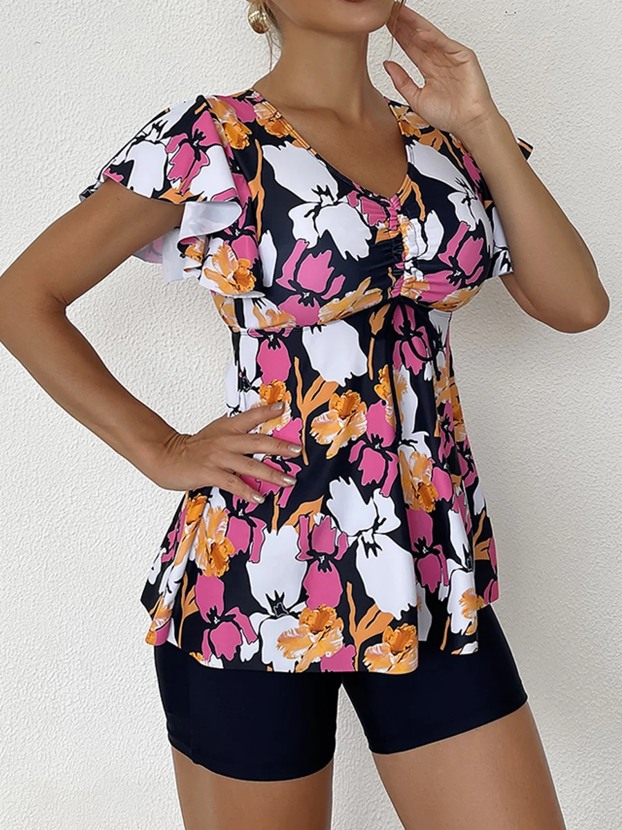 Printed Tankini Set Two Piece Swimsuit Women Tie Front Drawstring Swimwear Female Bathing Swimming Suit Beachwear Summer