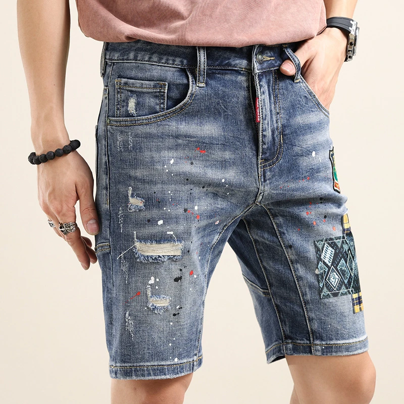 EH·MD® Denim Shorts Men's Summer Club Micro Chapter Stitching Embroidered Speckled Cotton Slim Fit Elastic Perforated Small Leg