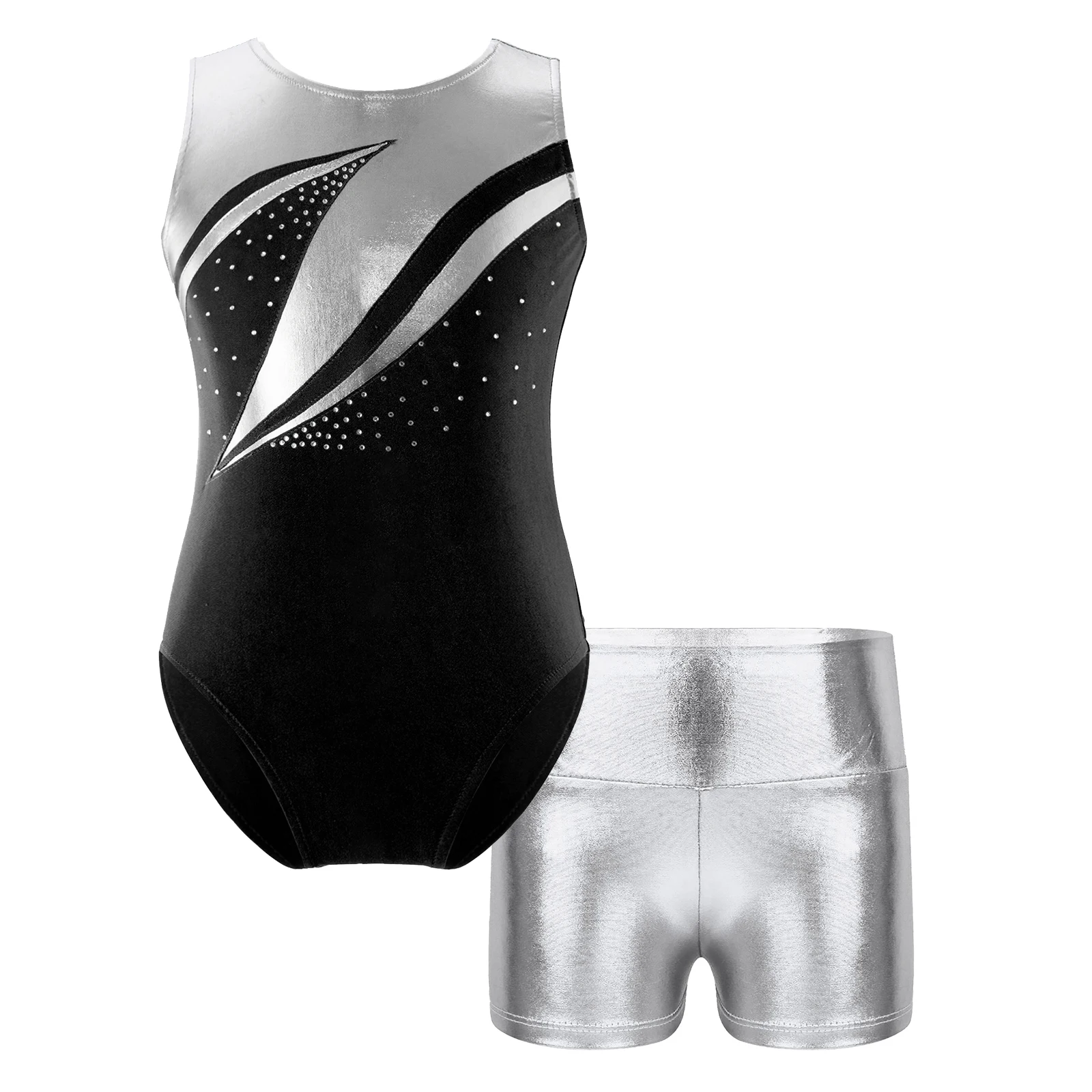 Kids Girls Metallic Ballet Dance Gymnastics Leotards Sleeveless Slim Fit Stretchy Leotard with High Waist Shorts Sports Outfits