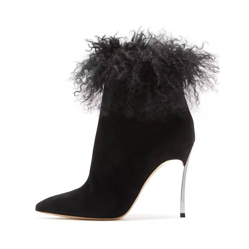 

Sexy Curly Fur Top Suede Blade Heels Ankle Boots Pointed Toe Boots Woman Metallic High Heels Short Booties