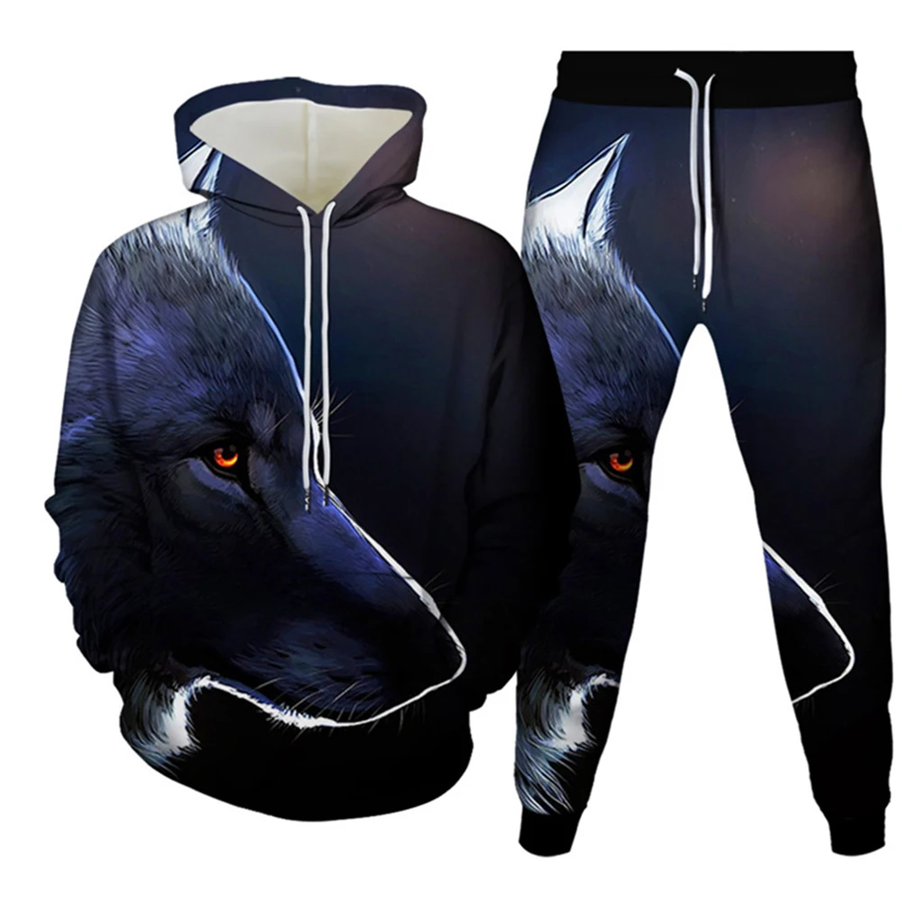 Retro Man Hoodies Sets Animal Wolf 3D Printed Men's Hoodies Pants Suit Harajuku Tracksuit Sportswear Cool 2 Piece Clothing Set 3