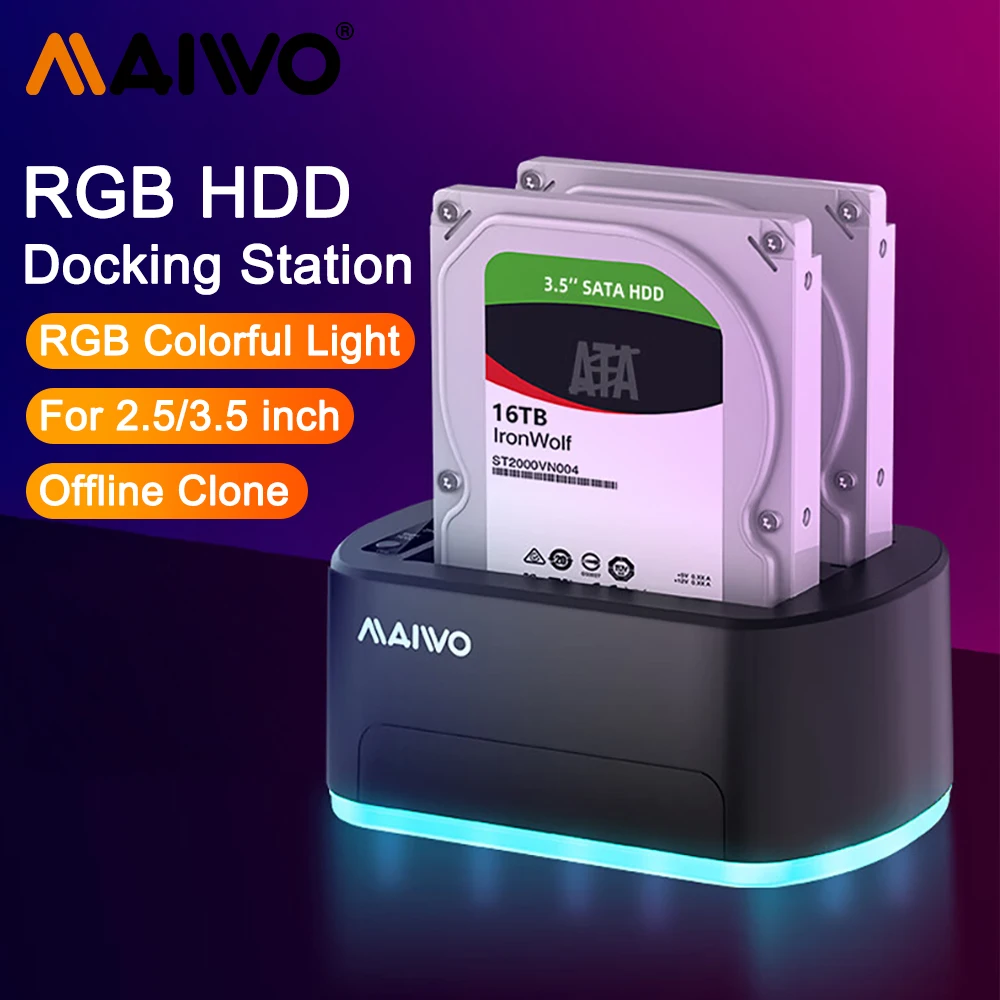 Maiwo-hdd Docking Station com Clone Offline Rgb Dual Bay Sata para Usb 3.0 Hdd Case 2.5 3.5 Ssd