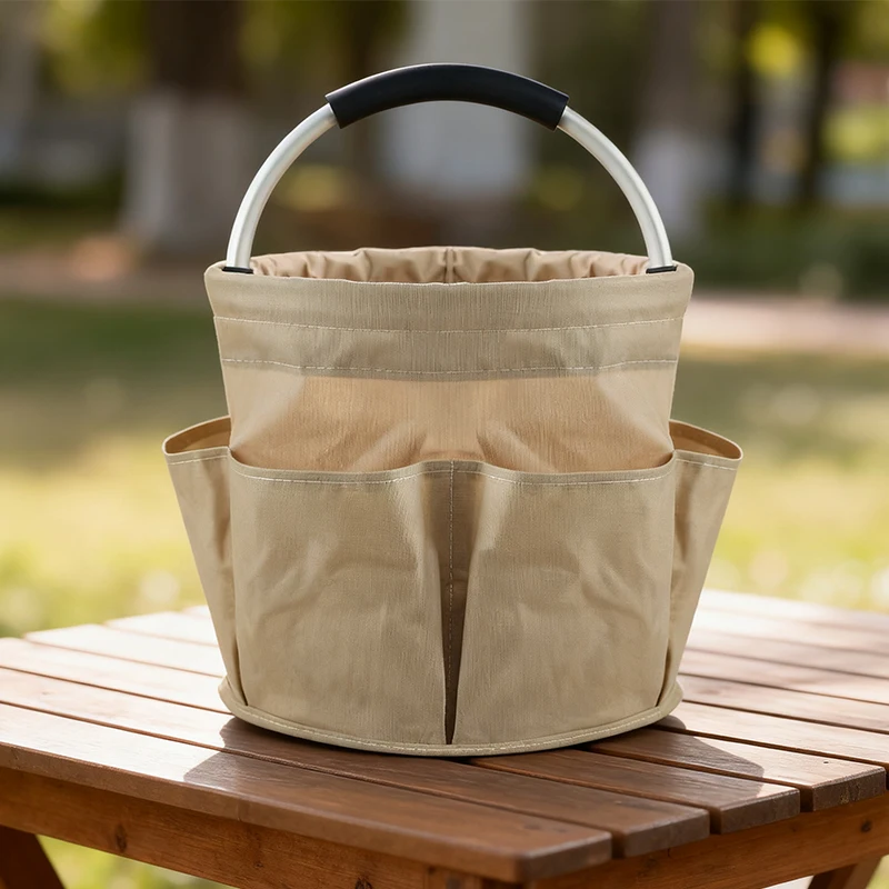여러 개의 포켓이 있는 접이식 정원 도구 가방, 휴대용 옥스포드 천 버킷 토트백, 정원 도구 및 해변 청소 용품용