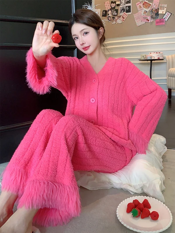 여성용 겨울 잠옷 깃털 소매 부드럽고 푹신한 반벨벳 두꺼운 세트 오렌지 씨 리사 테일러 2500283 야외 캐주얼웨어