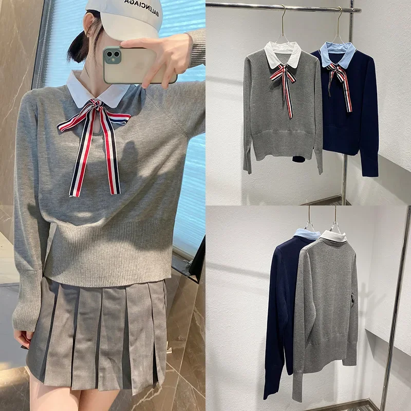 

High Quality Korean TB Color Blocking Polo Collar Sheep Sweater Early Autumn New Temperament Long Sleeved Knit Cardigan Top