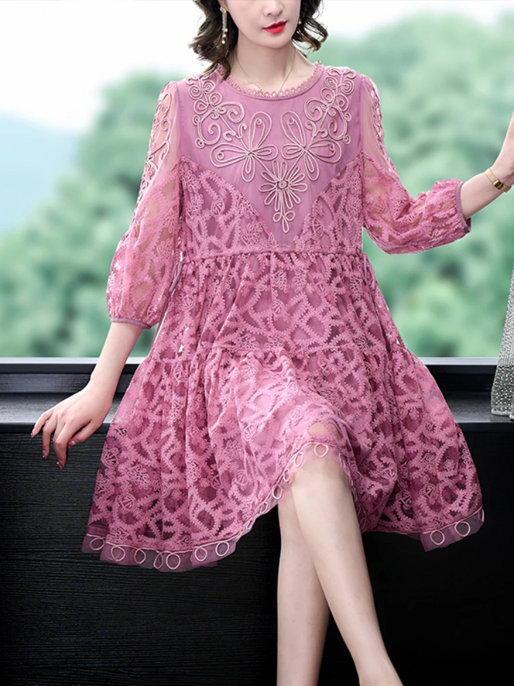 

2023 Summer New Loose Women Pink Embroidered Silk Dress Printed High Elegant Casual Party Dresses