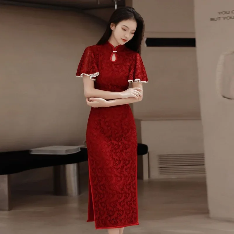 

Cheongsam Dress Modern Chinese Trational Red Lace Cheongsams Qipao Vintage Oriental Wedding Party Women Dresses