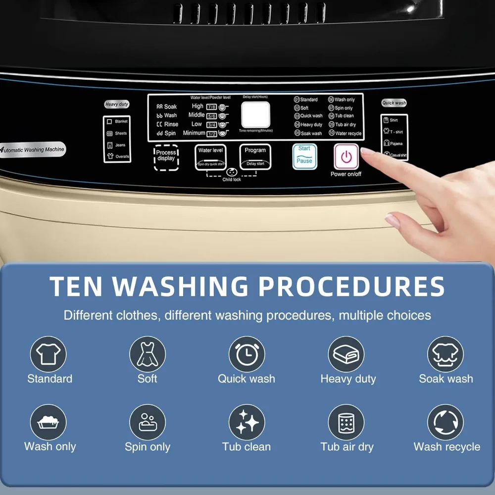 EUASOO 15.6lbs Full-Automatic Washing Machine Portable Compact Laundry Washer with Drain Pump 10 Programs 8 Water Levels, mini washing machine