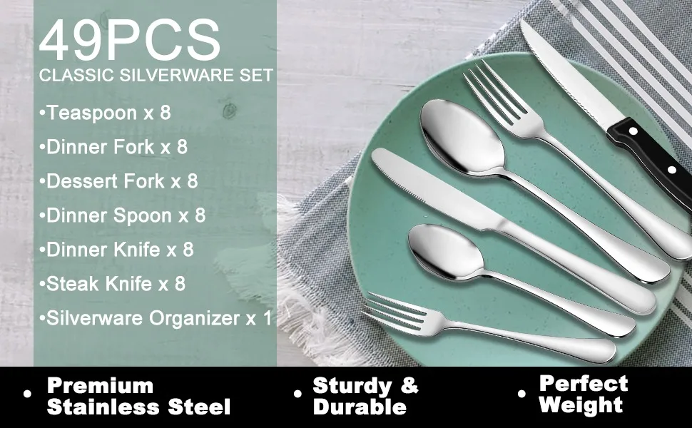 49-Piece Silverware Set with Flatware Drawer Organizer and Steak Knife