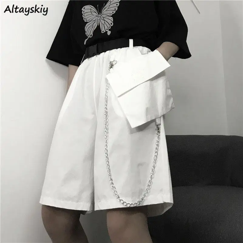 

Shorts Women Loose Solid Color Unisex Straight Fashionable Harajuku Chain Belt Japanese Style Streetwear Pocket Couple Basic Ins