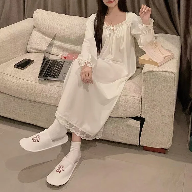 Women Nightgowns Long Sleeve Night Dress Large Size Loose White Sleep Shirts Pajamas