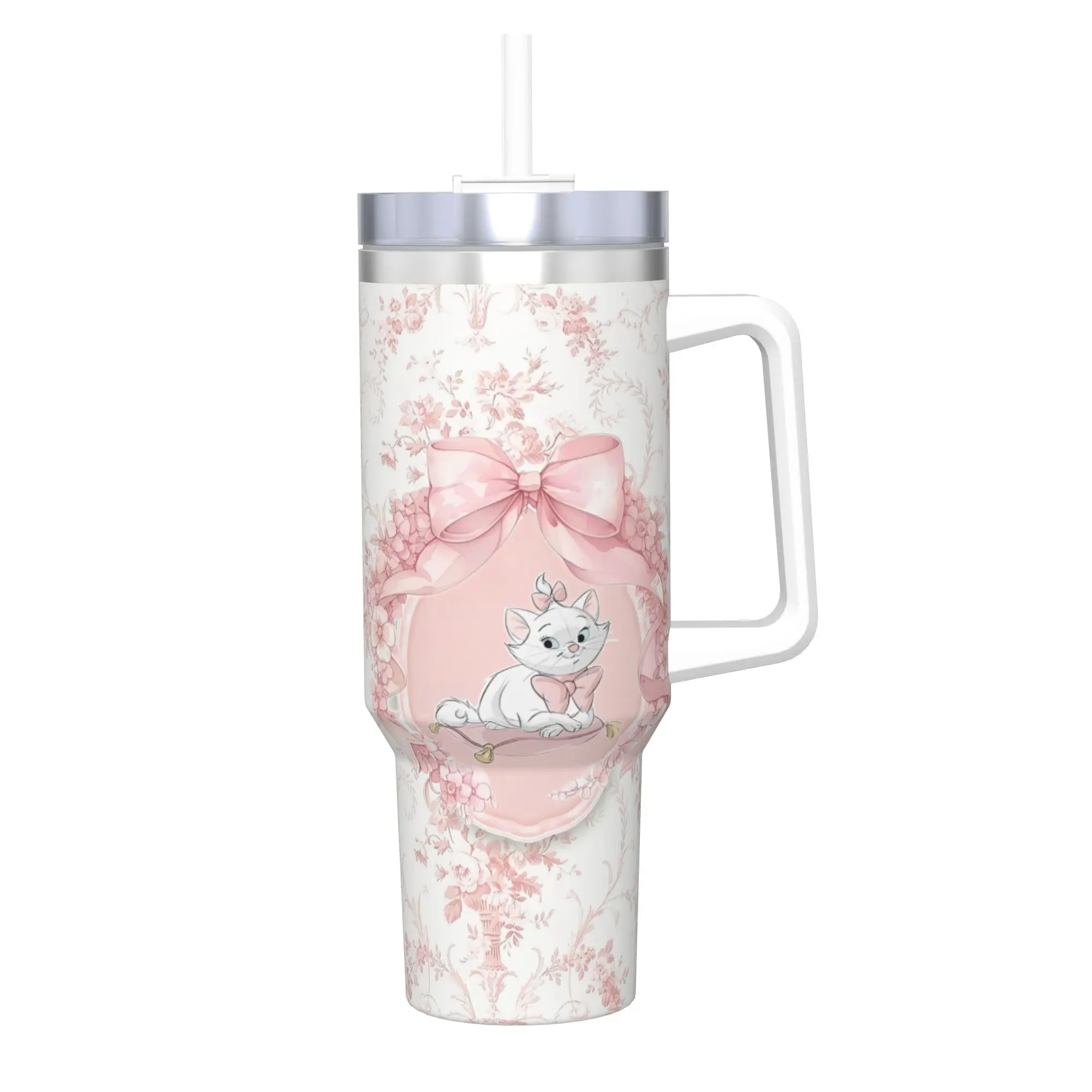 Stainless Steel Aristocats Marie Cat Tumbler with Straw - Large Capacity Thermal Mug