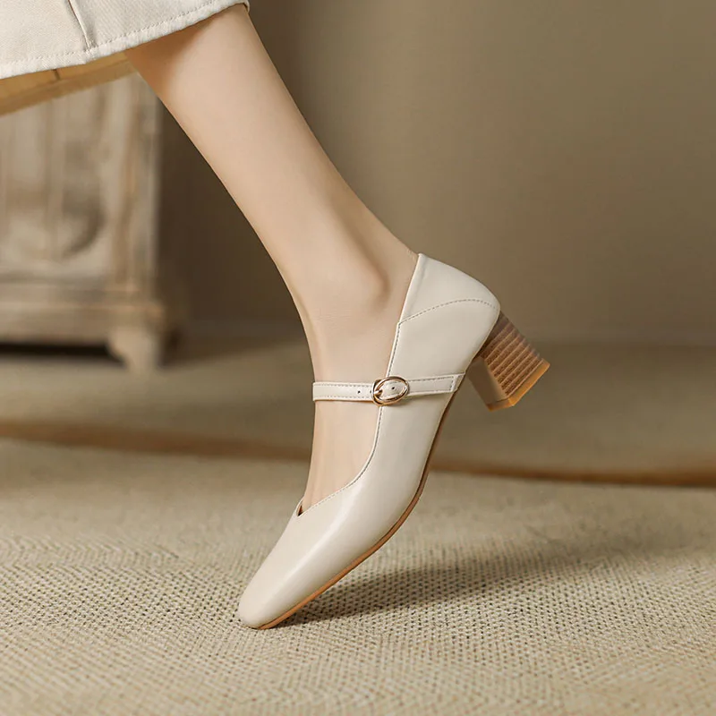 

Phoentin Women's Leather Mules Medium Heels Pumps Female Plus Size 34~43 Square Toe Comfortable Woman Dress Shoes FT3199