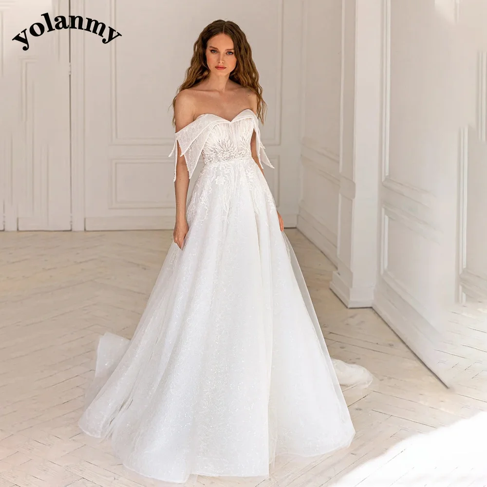 

YOLANMY zx223 Strapless Aline Wedding Dress Cap Sleeve Backless Lace Up Court Train Robe De Soirée De Mariage Drop Shipping