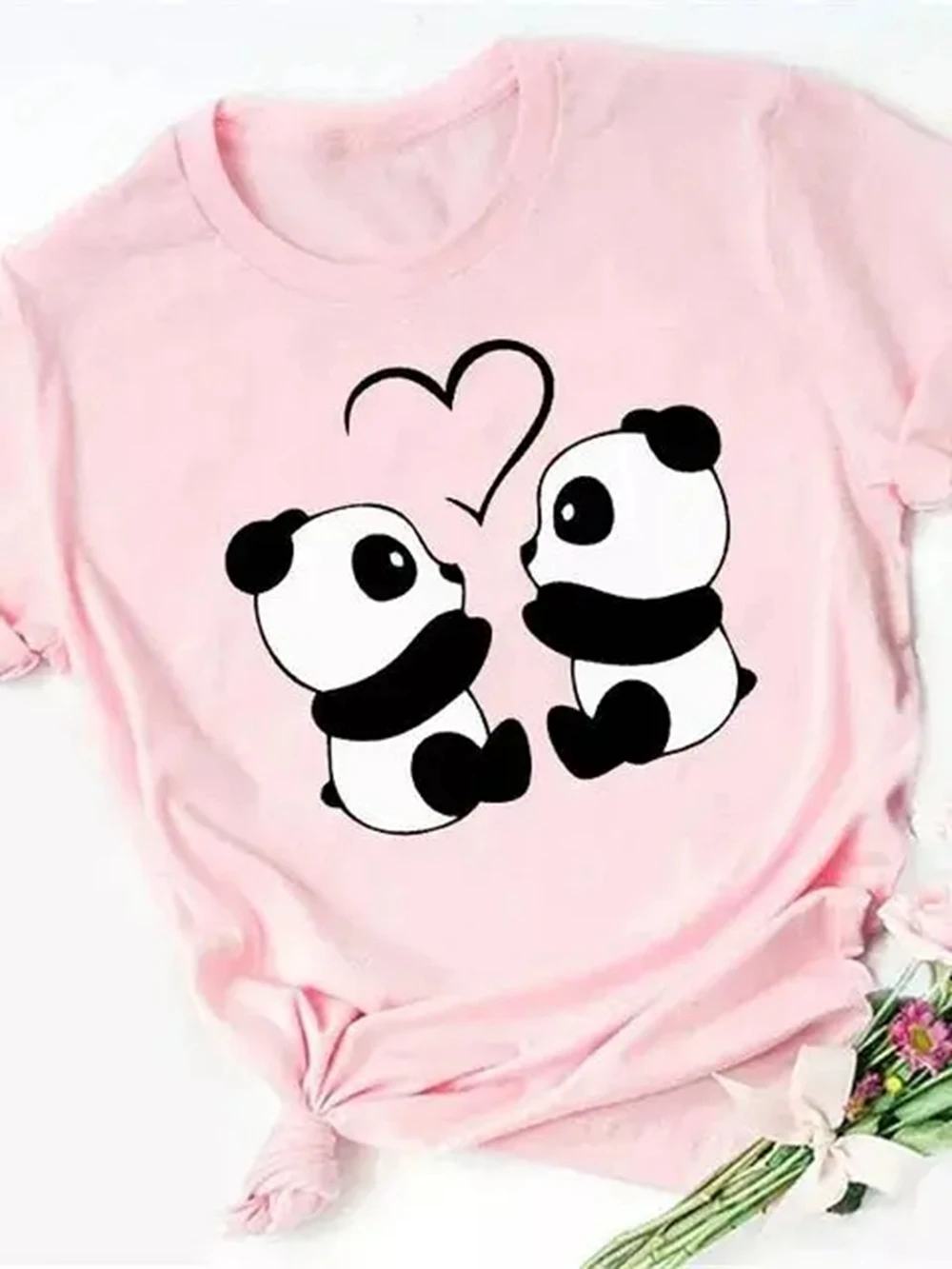 

Летняя женская футболка, свободные топы, милая панда, сердечки, принт, короткий рукав, женская Свободная Повседневная футболка, женский топ, футболка 51627