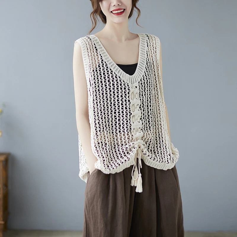 

Boring Honey Loose And Comfortable Women's Clothes For Summer Round Collar Solid Colors Hollow Out T-Shirts Sleeveless Top Women