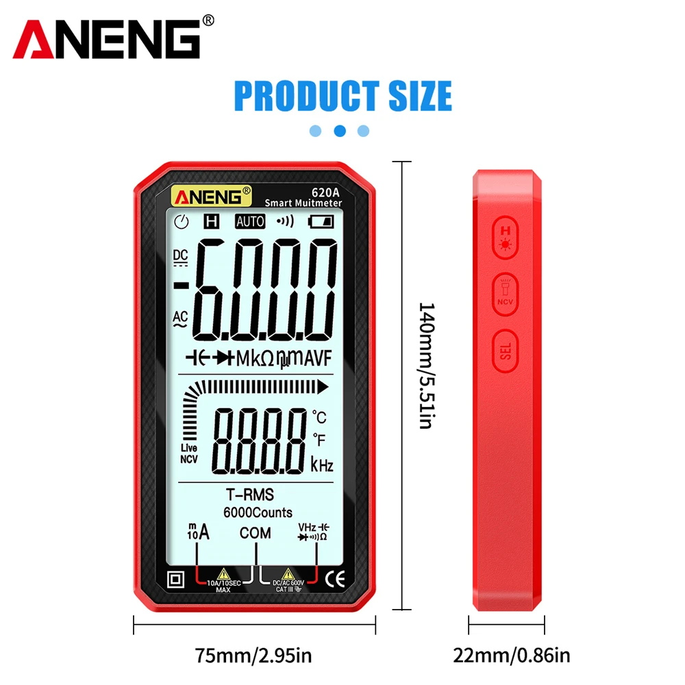 Digital Multimeter ANENG 620A 6000 Counts Smart Transistor Testers True RMS Auto Electrical Capacitance Meter Temp Resistance