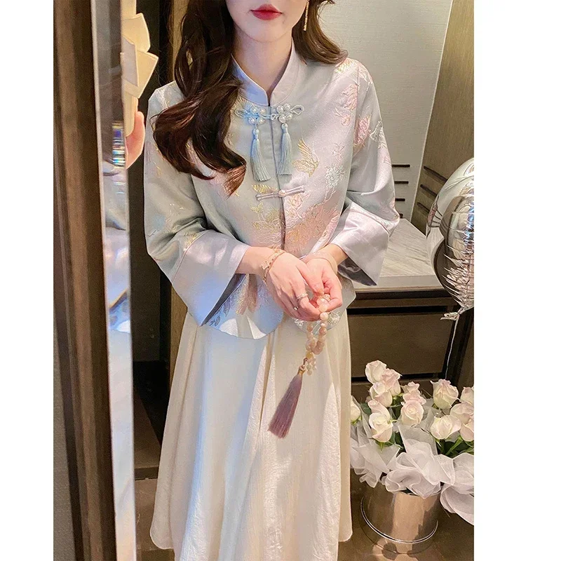 Sweet Vintage Stand Collar Floral Embroidery Tassel Long Sleeve Tang Suit Jacket Women Chinese Elegant Blue Slim Shirt