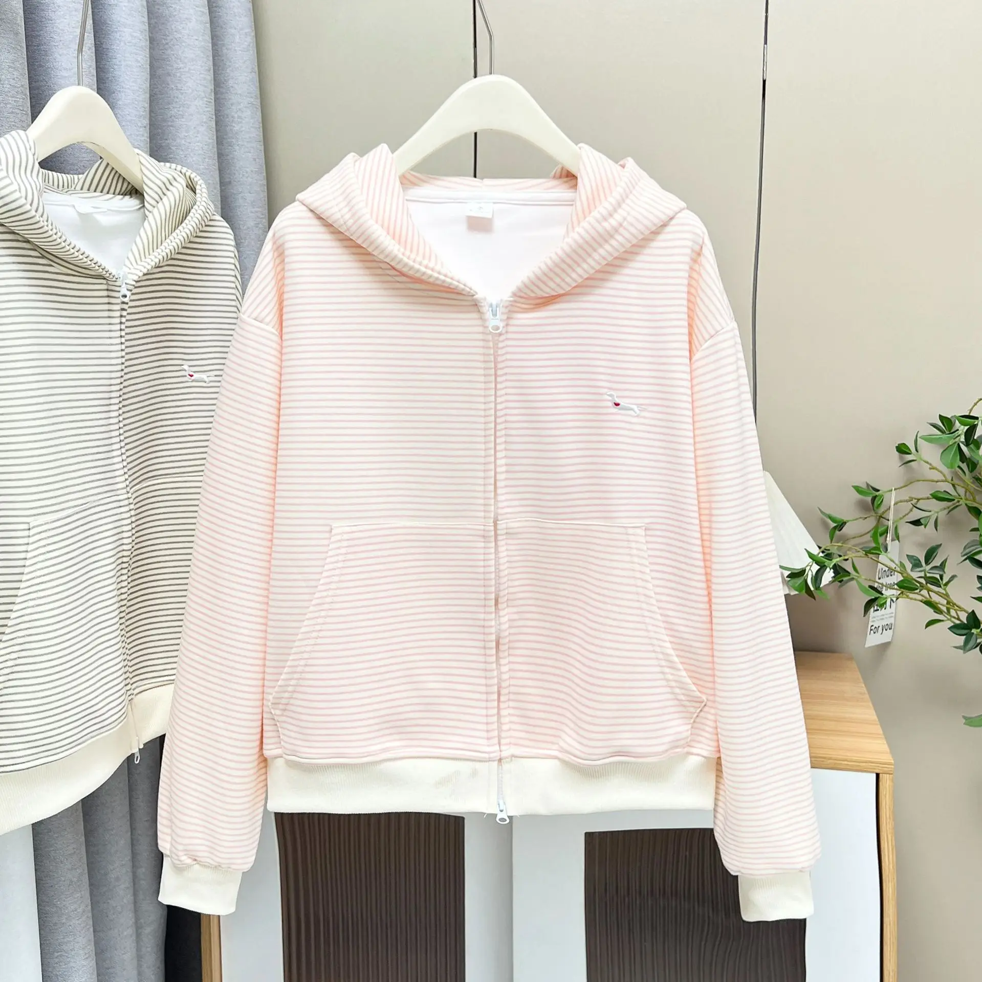 XXXXL Fashion Plus Size Women's Hoodies Autumn New Style Youthful Striped Embroidered Jacket Hooded ZIP-UP Sweatshirt