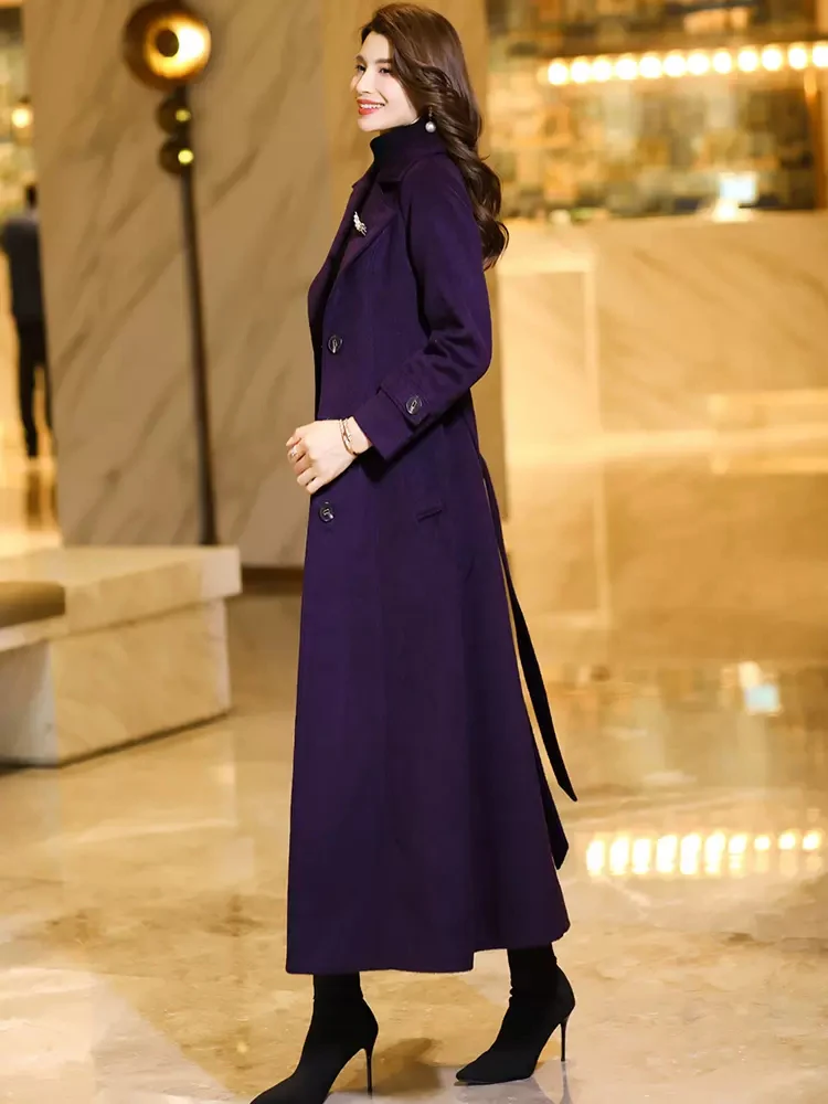 New Women Dark Purple Woolen Overcoat Autumn Winter Fashion Elegant Suit Collar Single Breasted Lace-up Wool Blended Long Coat