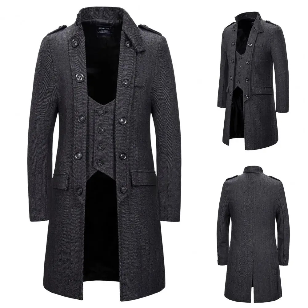 Men Outwear Coat Stand Collar Dressing Washable Fake Two Piece Patchwork Trench Coat Popular
