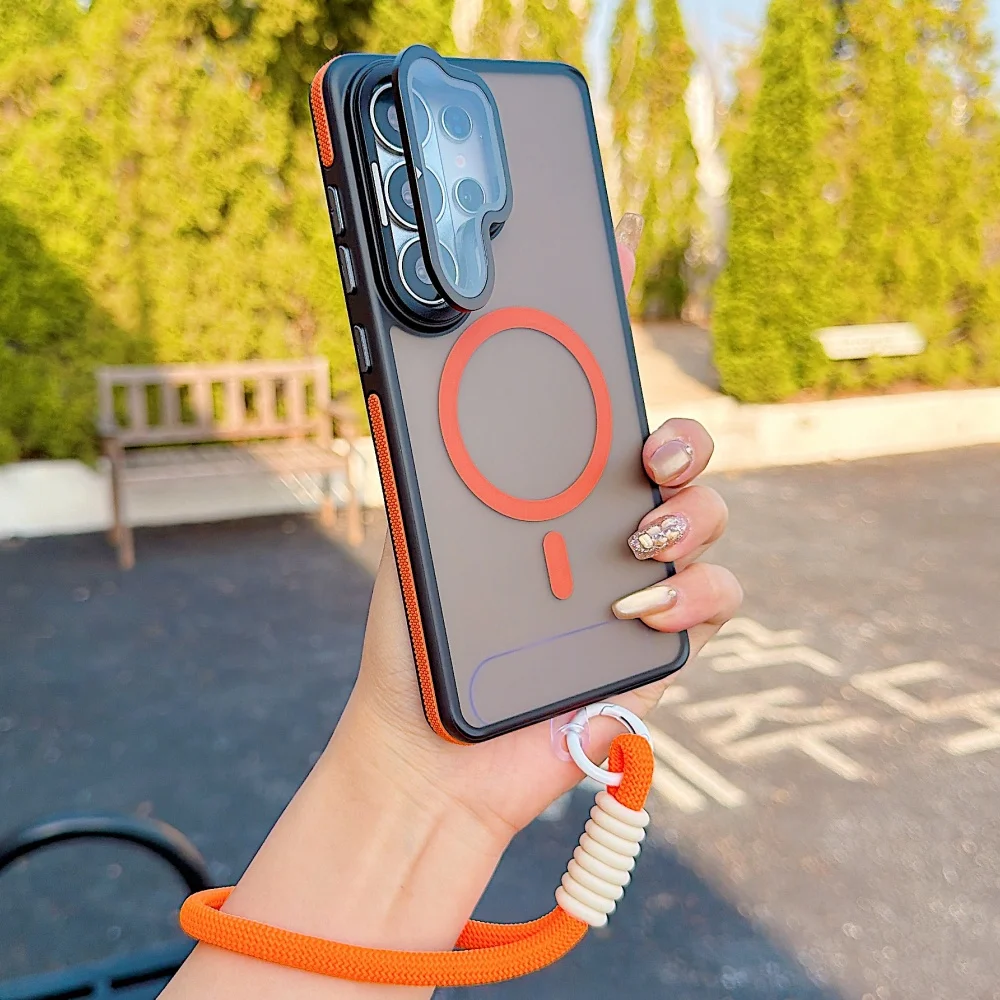 Matte Magnetic Wireless Charging Case with Foldable Lens Stand and Wrist Strap Lanyard
