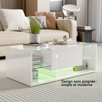 Table basse Superaly haute brillance, table de canapé blanche moderne avec éclairage LED, tiroir et compartiment ouvert, table d'appoint 100 x 50 x 35 cm, pour salon, bureau 5